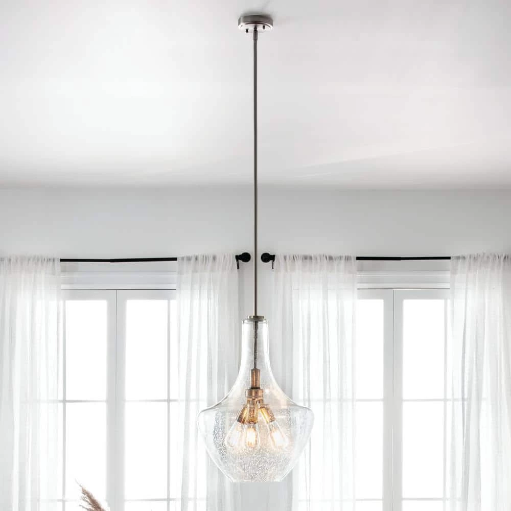 Everly 22.75 in. 3-Light Brushed Nickel Transitional Kitchen Bell Pendant Hanging Light with Clear Seeded Glass by KICHLER 8 Everly 22.75 in. 3-Light Brushed Nickel Transitional Kitchen Bell Pendant Hanging Light with Clear Seeded Glass by KICHLER - Image 6