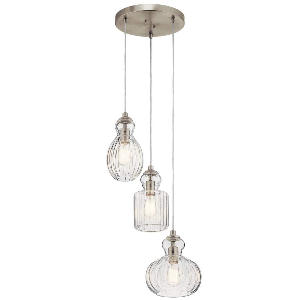 Riviera 3-Light Brushed Nickel Transitional Kitchen Cluster Pendant Hanging Light with Clear Ribbed Glass by KICHLER 3 Riviera 3-Light Brushed Nickel Transitional Kitchen Cluster Pendant Hanging Light with Clear Ribbed Glass by KICHLER