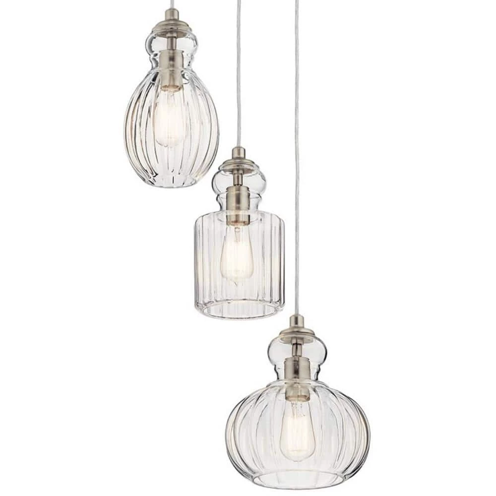Riviera 3-Light Brushed Nickel Transitional Kitchen Cluster Pendant Hanging Light with Clear Ribbed Glass by KICHLER 4 Riviera 3-Light Brushed Nickel Transitional Kitchen Cluster Pendant Hanging Light with Clear Ribbed Glass by KICHLER - Image 2