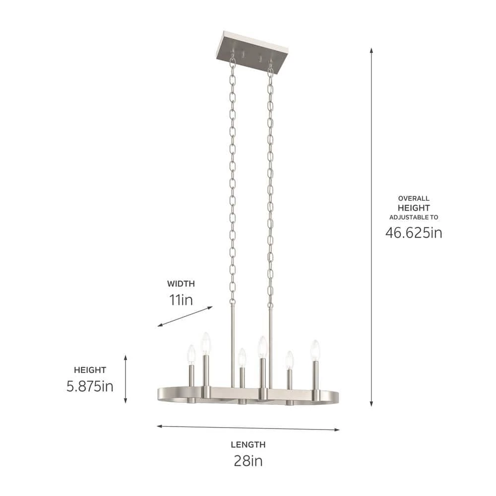 Brene 28 in. 6-Light Brushed Nickel Transitional Kitchen Candlestick Linear Chandelier by KICHLER 6 Brene 28 in. 6-Light Brushed Nickel Transitional Kitchen Candlestick Linear Chandelier by KICHLER - Image 4