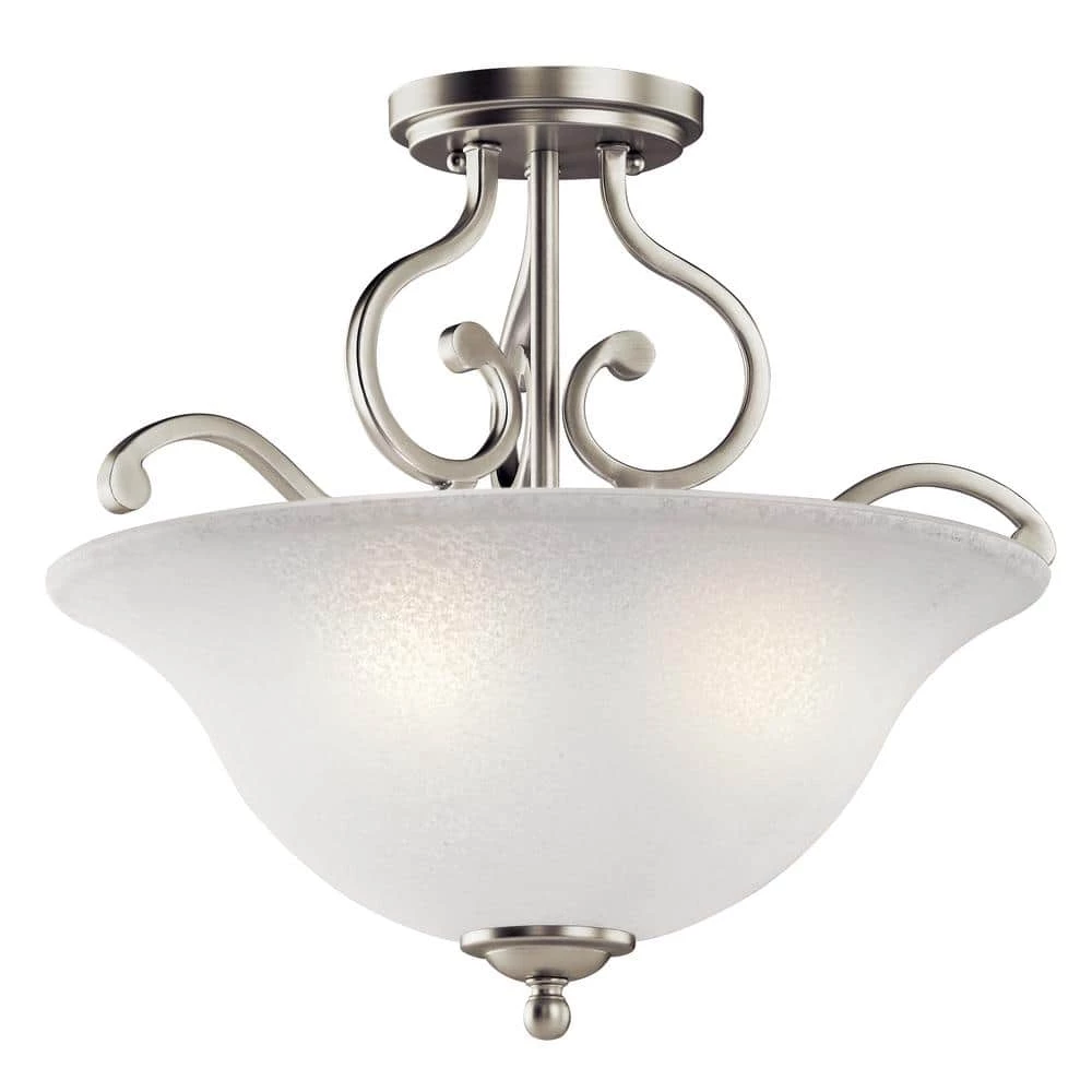 Camerena 3-Light Brushed Nickel Hallway Semi-Flush Mount Ceiling Light with White Scavo Glass by KICHLER 3 Camerena 3-Light Brushed Nickel Hallway Semi-Flush Mount Ceiling Light with White Scavo Glass by KICHLER