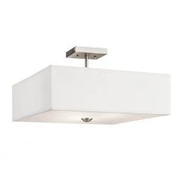 Shailene 18 in. Square 3-Light Brushed Nickel Drum Hallway Semi-Flush Mount Ceiling Light with White Microfiber Shade by KICHLER