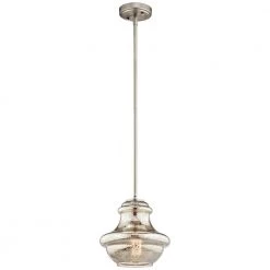 Everly 9.25 in. 1-Light Brushed Nickel Transitional Kitchen Mini Pendant Hanging Light with Mecury Glass by KICHLER