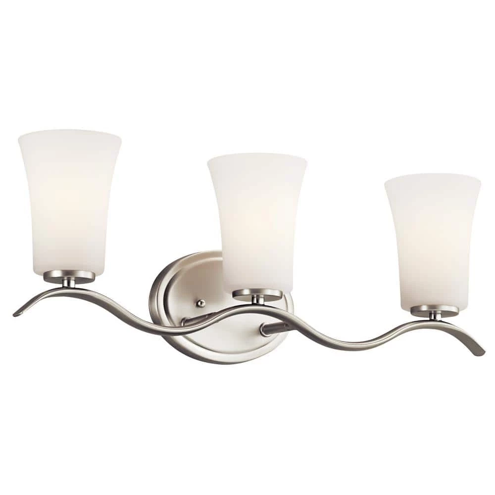 Armida 3-Light Brushed Nickel Bathroom Vanity Light with Satin Etched White Glass by KICHLER 3 Armida 3-Light Brushed Nickel Bathroom Vanity Light with Satin Etched White Glass by KICHLER