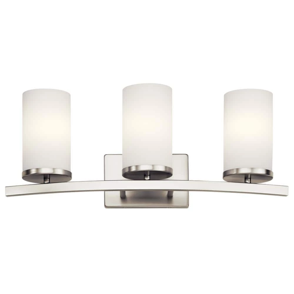 Crosby 3-Light Brushed Nickel Bathroom Vanity Light with Satin Etched Opal Glass by KICHLER 3 Crosby 3-Light Brushed Nickel Bathroom Vanity Light with Satin Etched Opal Glass by KICHLER