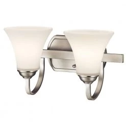 Keiran 2-Light Brushed Nickel Bathroom Vanity Light with Satin Etched White Glass by KICHLER -Kichler Sales brushed nickel kichler vanity lighting 45512ni c3 1000