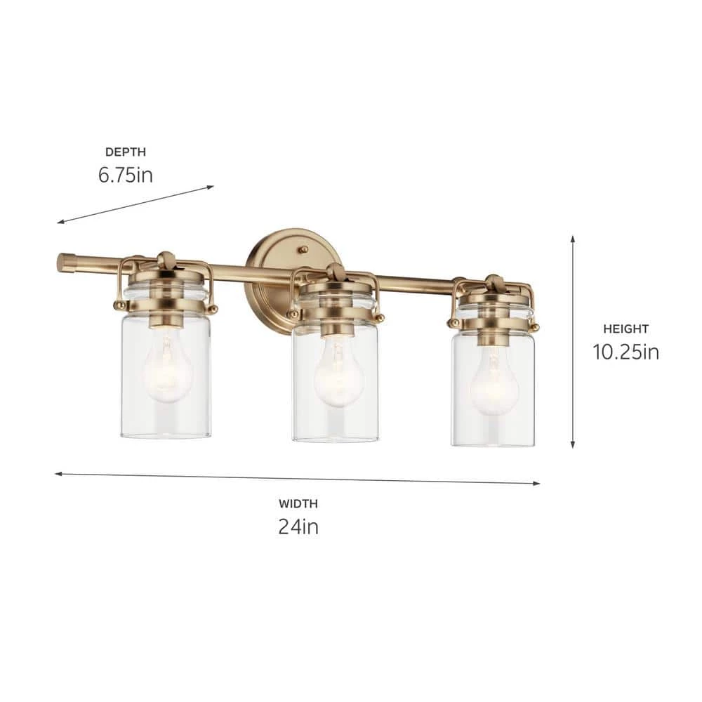 Brinley 24 in. 3-Light Champagne Bronze Bathroom Vanity Light with Clear Glass by KICHLER 5 Brinley 24 in. 3-Light Champagne Bronze Bathroom Vanity Light with Clear Glass by KICHLER - Image 3