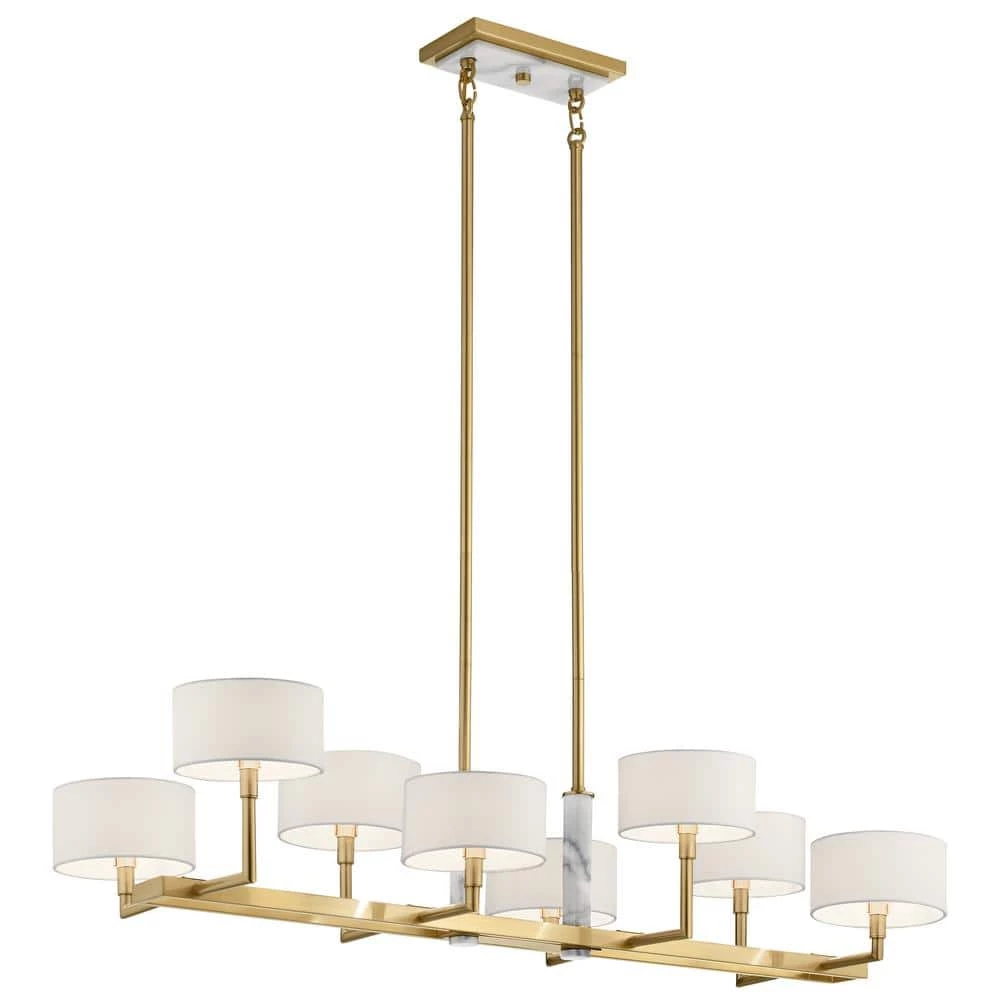 Laurent 8-Light Champagne Gold Mid-Century Modern Dining Room Linear Chandelier with White Fabric Shade by KICHLER 3 Laurent 8-Light Champagne Gold Mid-Century Modern Dining Room Linear Chandelier with White Fabric Shade by KICHLER