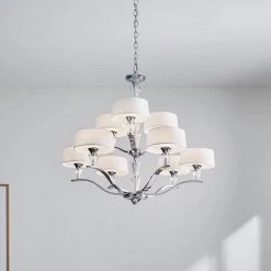 Crystal Persuasion 9-Light Chrome Transitional Dining Room Chandelier with White Fabric Shade by KICHLER -Kichler Sales chrome kichler chandeliers 42031ch 44 1000