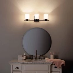 Tully 3-Light Chrome Bathroom Vanity Light with Satin Etched Cased Opal Glass by KICHLER -Kichler Sales chrome kichler vanity lighting 45151ch fa 1000