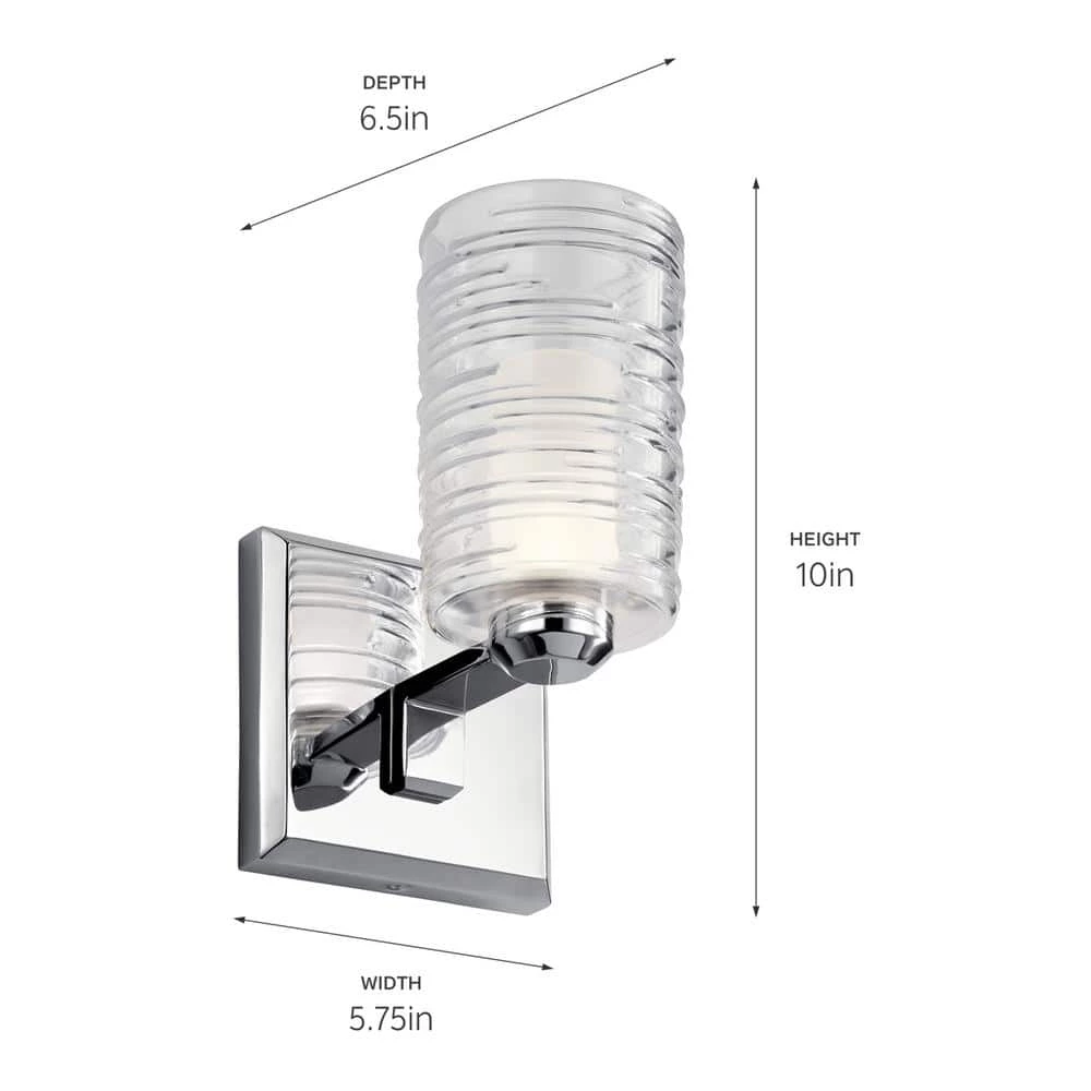 Giarosa 10 in 1-Light Chrome Bathroom Indoor Wall Sconce with Clear Ribbed Outer Glass and Satin Etched Opal Inner Glass by KICHLER 7 Giarosa 10 in 1-Light Chrome Bathroom Indoor Wall Sconce with Clear Ribbed Outer Glass and Satin Etched Opal Inner Glass by KICHLER - Image 5
