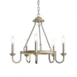Barrett 22 in. 5-Light Brushed Nickel with Distressed Antique Gray Farmhouse Kitchen Round Candlestick Chandelier by KICHLER