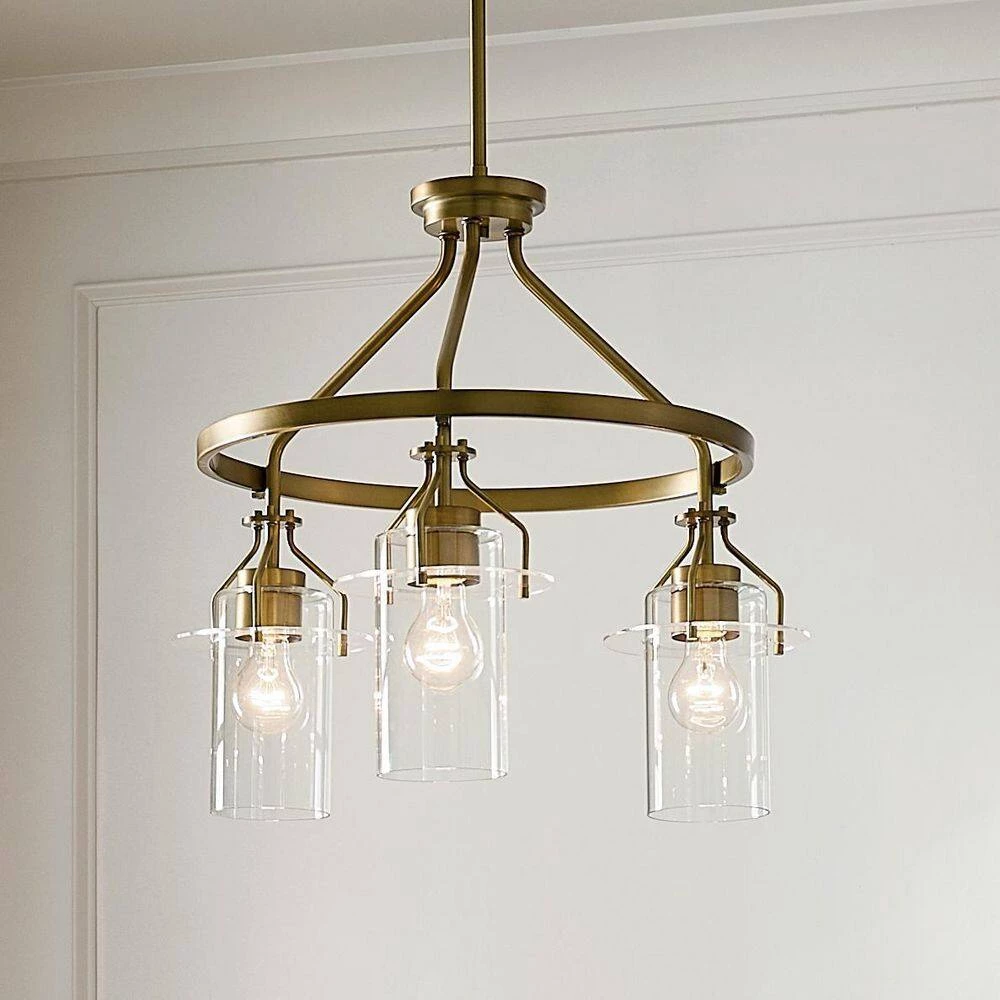 Everett 3-Light Natural Brass Vintage Industrial Dining Room Round Chandelier with Clear Glass by KICHLER 10 Everett 3-Light Natural Brass Vintage Industrial Dining Room Round Chandelier with Clear Glass by KICHLER - Image 8