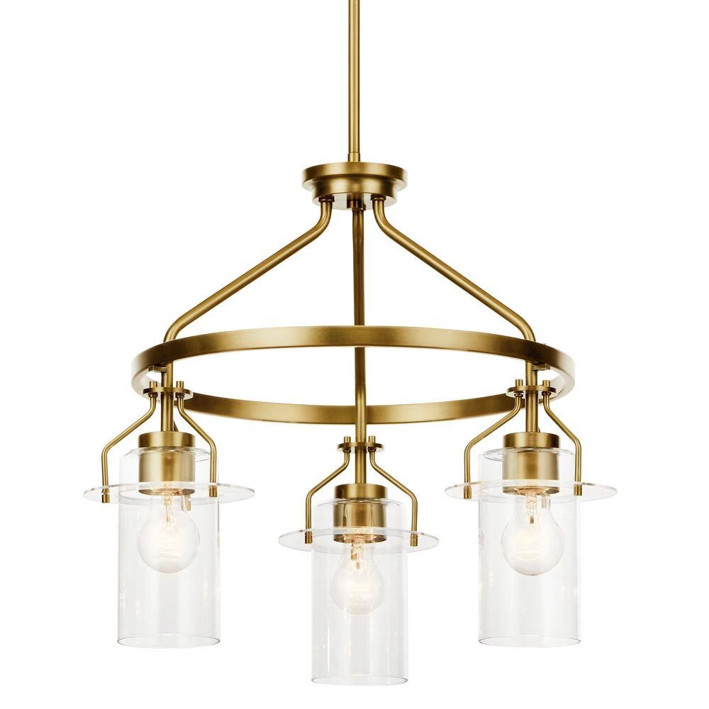 Everett 3-Light Natural Brass Vintage Industrial Dining Room Round Chandelier with Clear Glass by KICHLER 5 Everett 3-Light Natural Brass Vintage Industrial Dining Room Round Chandelier with Clear Glass by KICHLER - Image 3