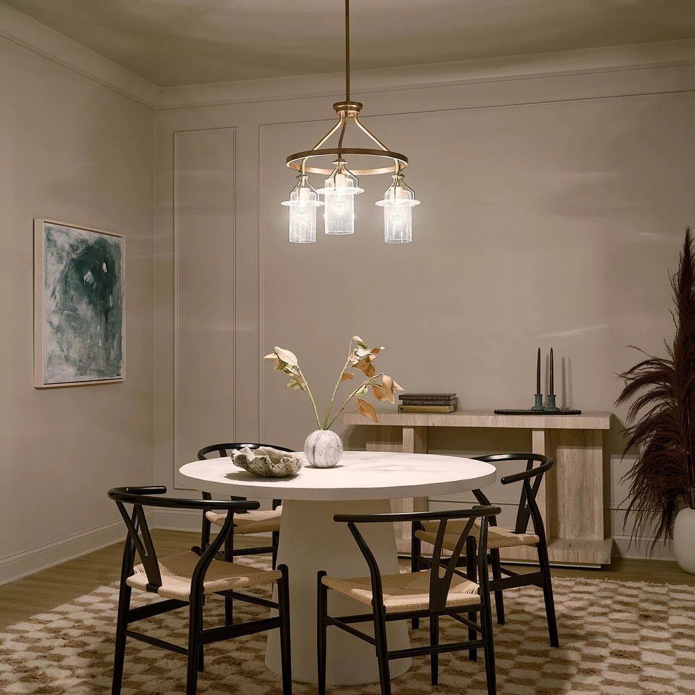 Everett 3-Light Natural Brass Vintage Industrial Dining Room Round Chandelier with Clear Glass by KICHLER 9 Everett 3-Light Natural Brass Vintage Industrial Dining Room Round Chandelier with Clear Glass by KICHLER - Image 7