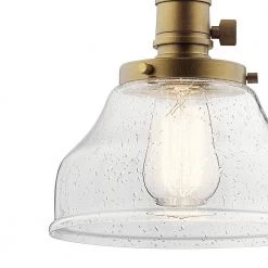 Avery 8 in. 1-Light Natural Brass Shaded Vintage Industrial Kitchen Mini Pendant Hanging Light with Clear Seeded Glass by KICHLER -Kichler Sales natural brass kichler pendant lights 43850nbr 4f 1000