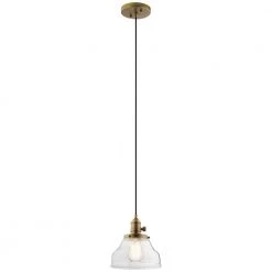 Avery 8 in. 1-Light Natural Brass Shaded Vintage Industrial Kitchen Mini Pendant Hanging Light with Clear Seeded Glass by KICHLER