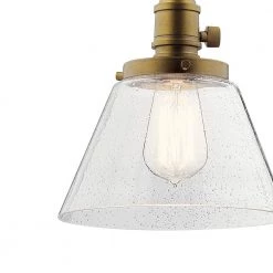 Avery 8.25 in. 1-Light Natural Brass Cone Vintage Industrial Kitchen Mini Pendant Hanging Light with Clear Seeded Glass by KICHLER -Kichler Sales natural brass kichler pendant lights 43851nbr 4f 1000