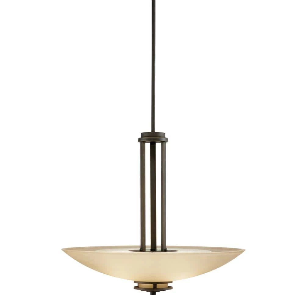 Hendrik 3-Light Olde Bronze Contemporary Kitchen Inverted Pendant Hanging Light with Light Umber Etched Glass by KICHLER 3 Hendrik 3-Light Olde Bronze Contemporary Kitchen Inverted Pendant Hanging Light with Light Umber Etched Glass by KICHLER