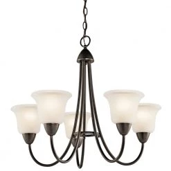 Nicholson 5-Light Olde Bronze Transitional Dining Room Chandelier with White Etched Glass Shade by KICHLER