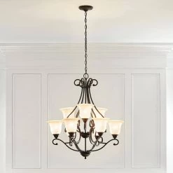 Camerena 9-Light Olde Bronze Traditional Dining Room Chandelier with White Etched Glass Shade by KICHLER -Kichler Sales olde bronze kichler chandeliers 43226oz 1f 1000
