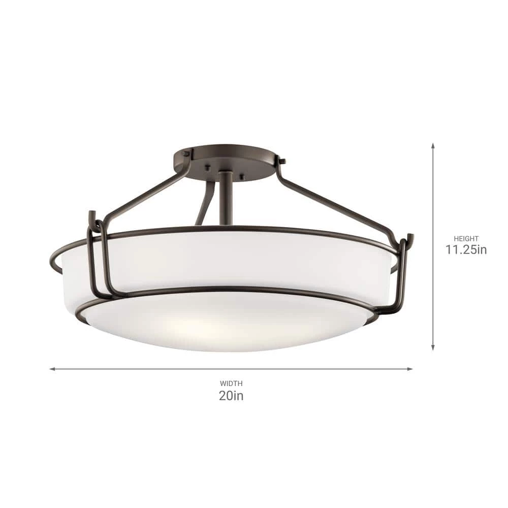 Alkire 4-Light Olde Bronze Drum Hallway Semi-Flush Mount Ceiling Light with Satin Etched White Glass by KICHLER 5 Alkire 4-Light Olde Bronze Drum Hallway Semi-Flush Mount Ceiling Light with Satin Etched White Glass by KICHLER - Image 3