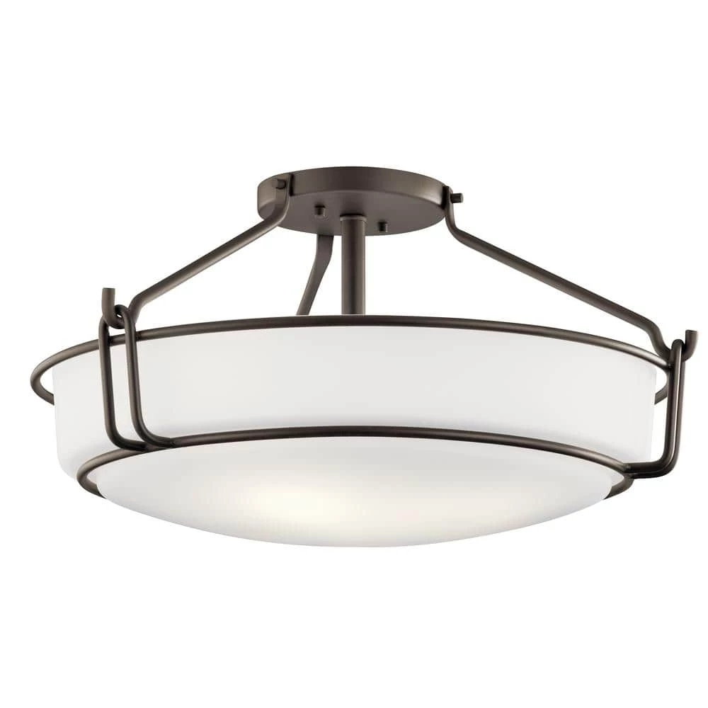 Alkire 4-Light Olde Bronze Drum Hallway Semi-Flush Mount Ceiling Light with Satin Etched White Glass by KICHLER 3 Alkire 4-Light Olde Bronze Drum Hallway Semi-Flush Mount Ceiling Light with Satin Etched White Glass by KICHLER