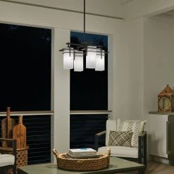 Caterham 4-Light Olde Bronze Outdoor Hanging Chandelier with Satin Etched Glass Shades (1-Pack) by KICHLER -Kichler Sales olde bronze kichler outdoor chandeliers 49638oz 1f 1000
