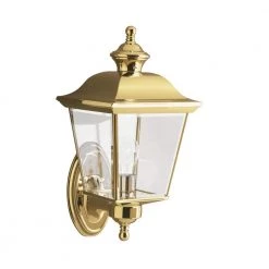 Bay Shore 15.5 in. 1-Light Polished Brass Outdoor Light Wall Mount Lantern with Clear Beveled Glass Panels (1-Pack) by KICHLER