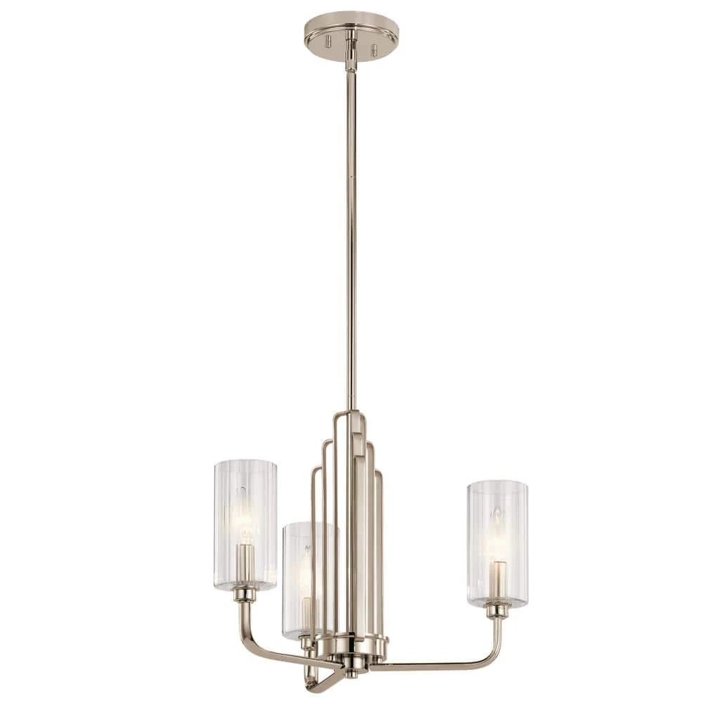 Kimrose 3-Light Polished Nickel with Satin Nickel Art Deco Dining Room Chandelier with Clear Fluted Glass by KICHLER 3 Kimrose 3-Light Polished Nickel with Satin Nickel Art Deco Dining Room Chandelier with Clear Fluted Glass by KICHLER