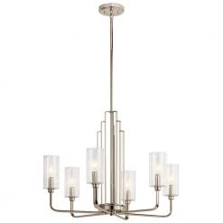 Kimrose 6-Lights Polished Nickel and Satin Nickel Art Deco Dining Room Chandelier with Clear Fluted Glass by KICHLER