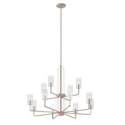 Kimrose 12-Light Polished Nickel with Satin Nickel Art Deco Dining Room Chandelier with Clear Fluted Glass by KICHLER