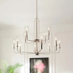 Kimrose 12-Light Polished Nickel with Satin Nickel Art Deco Dining Room Chandelier with Clear Fluted Glass by KICHLER -Kichler Sales polished nickel kichler chandeliers 52412pn 76 1000