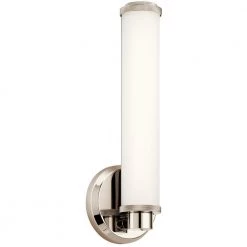 Indeco 16-Watt Polished Nickel Integrated LED Bathroom Indoor Wall Sconce with Satin Etched White Glass Shade by KICHLER