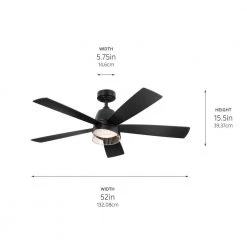 Dawn 52 in. Integrated LED Indoor Satin Black Down Rod Mount Ceiling Fan with Light and Remote by KICHLER 22 Dawn 52 in. Integrated LED Indoor Satin Black Down Rod Mount Ceiling Fan with Light and Remote by KICHLER -Kichler Sales satin black kichler ceiling fans with lights 300319sbk 76 1000