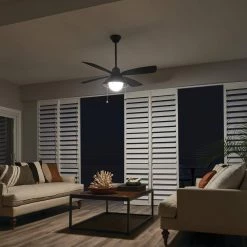 Seaside 54 in. Integrated LED Outdoor Satin Black Downrod Mount Ceiling Fan with Light with Pull Chain by KICHLER -Kichler Sales satin black kichler ceiling fans with lights 310181sbk 31 1000