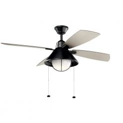 Seaside 54 in. Integrated LED Outdoor Satin Black Downrod Mount Ceiling Fan with Light with Pull Chain by KICHLER