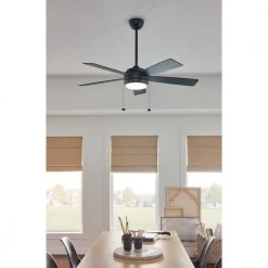 Starkk 52 in. Integrated LED Indoor Satin Black Downrod Mount Ceiling Fan with Light Kit and Pull Chain by KICHLER -Kichler Sales satin black kichler ceiling fans with lights 330174sbk 76 1000
