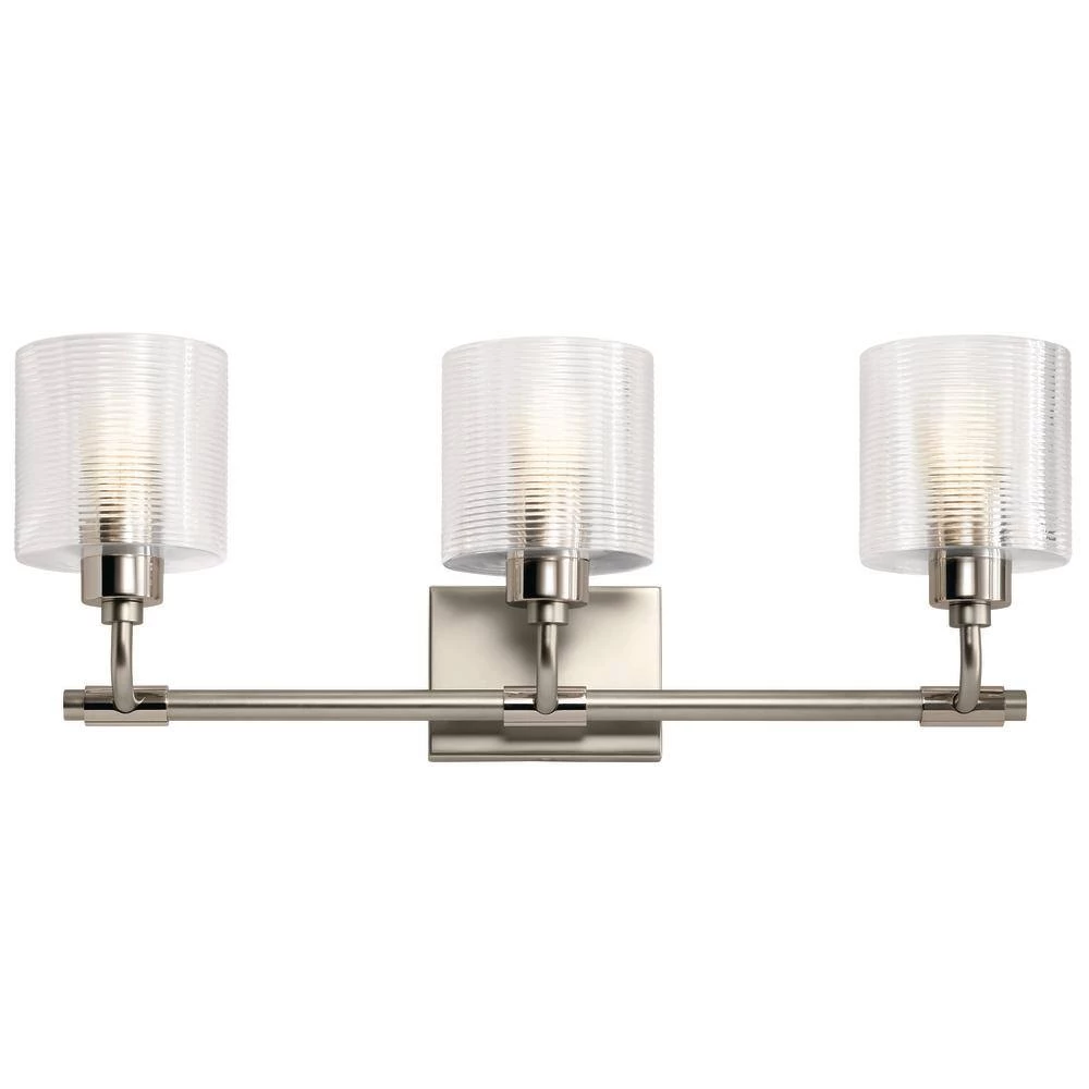 Harvan 25 in. 3-Light Satin Nickel Bathroom Vanity Light with Clear Ribbed Glass by KICHLER 6 Harvan 25 in. 3-Light Satin Nickel Bathroom Vanity Light with Clear Ribbed Glass by KICHLER - Image 4