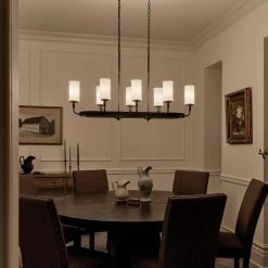 Vetivene 8-Light Textured Black Vintage Dining Room Linear Chandelier with Opal Glass Shades by KICHLER -Kichler Sales textured black kichler chandeliers 52453bkt 1d 1000