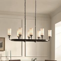 Vetivene 8-Light Textured Black Vintage Dining Room Linear Chandelier with Opal Glass Shades by KICHLER -Kichler Sales textured black kichler chandeliers 52453bkt 66 1000