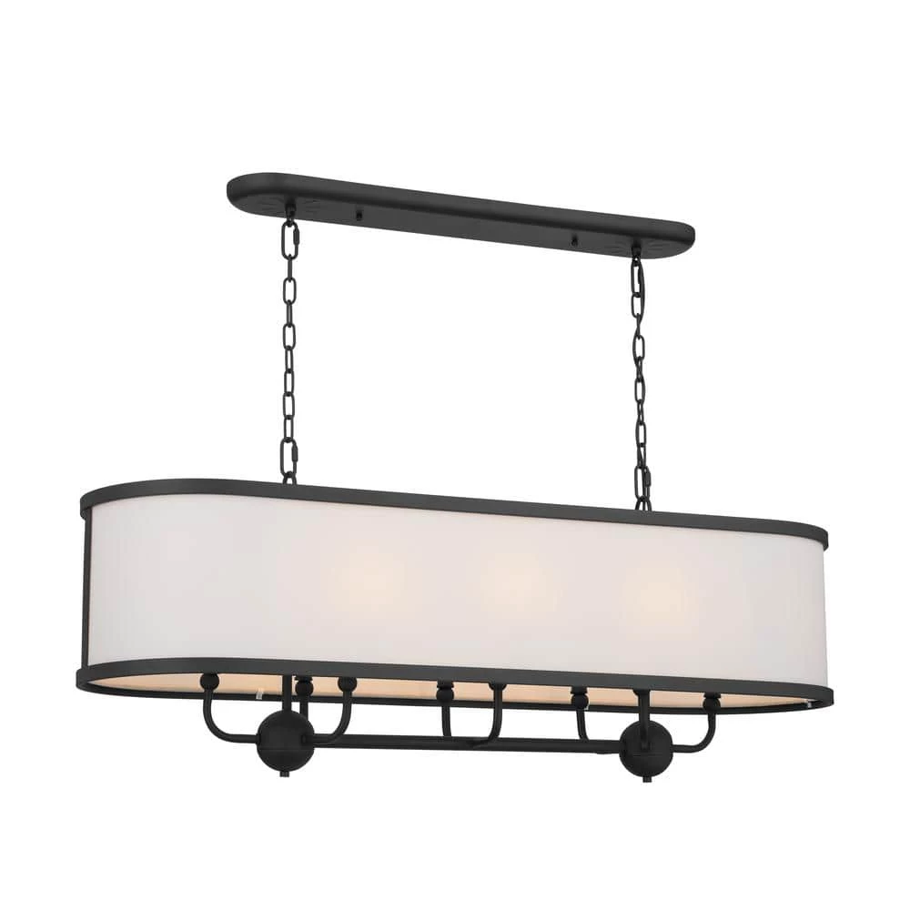 Heddle 8-Light Textured Black Vintage Dining Room Linear Chandelier with Fabric Shade by KICHLER 3 Heddle 8-Light Textured Black Vintage Dining Room Linear Chandelier with Fabric Shade by KICHLER