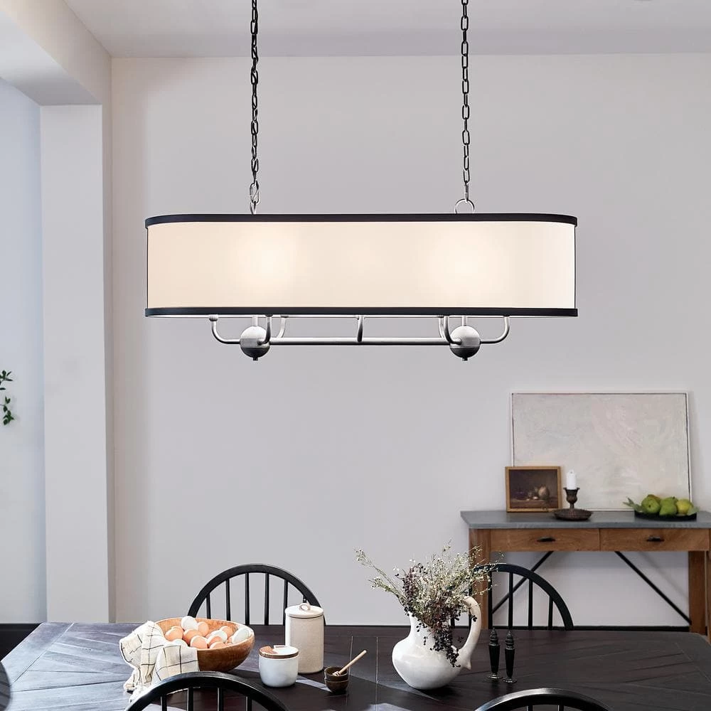 Heddle 8-Light Textured Black Vintage Dining Room Linear Chandelier with Fabric Shade by KICHLER 4 Heddle 8-Light Textured Black Vintage Dining Room Linear Chandelier with Fabric Shade by KICHLER - Image 2