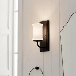Vetivene 1-Light Textured Black Bathroom Wall Sconce with Opal Glass by KICHLER -Kichler Sales textured black kichler vanity lighting 52454bkt 76 1000
